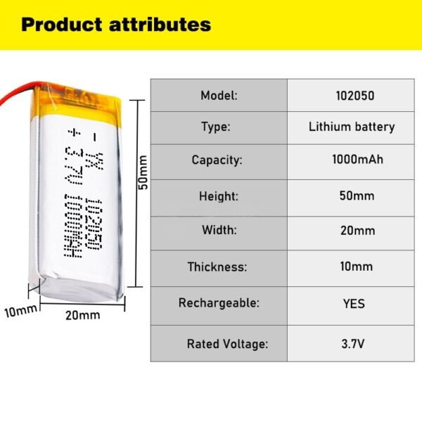 1000 mAh 3.7V Lithium Polymer Li-Po li ion 102050 Rechargeable Lipo Cell