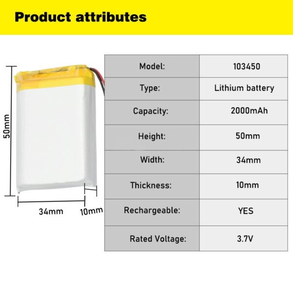 2000 mAh 3.7V Lithium Polymer Li-Po li ion 103450 Rechargeable Lipo Cell