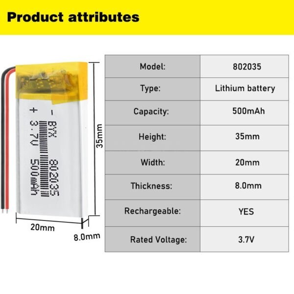 500 mAh 3.7V Lithium Polymer Li-Po li ion 802035 Rechargeable Cell