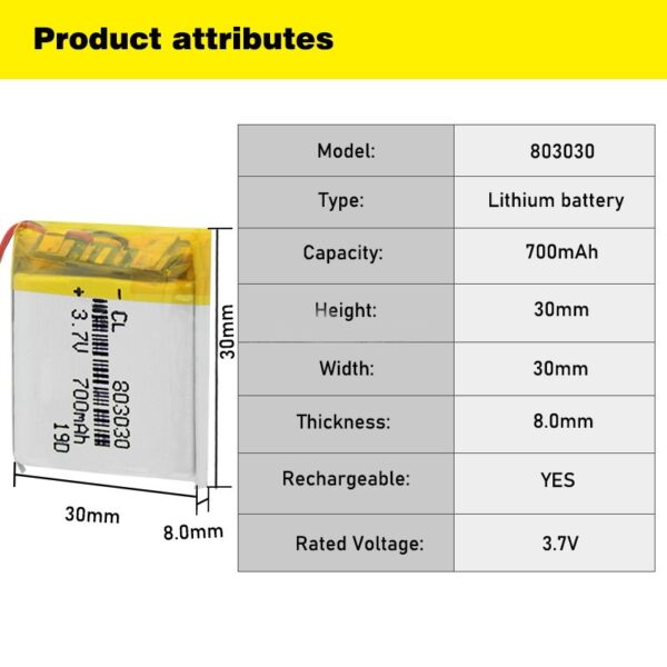 700 mAh 3.7V Lithium Polymer Li-Po li ion 803030 Rechargeable Lipo cells