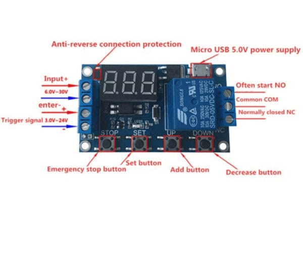 High-resolution image of a 6-30V relay module with adjustable delay timer.
