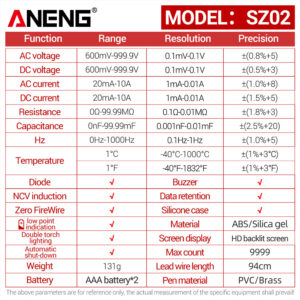 Multimeter ANENG SZ02 Digital AC/DC Voltage Current 9999 Counts True RMS