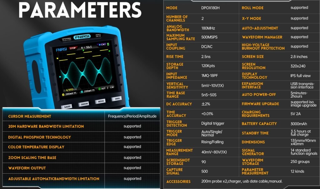 FNIRSI DPOX180H Handheld Dual Channel Digital Oscilloscope 180MHz 3DB 2 In 1 Function Signal Gen