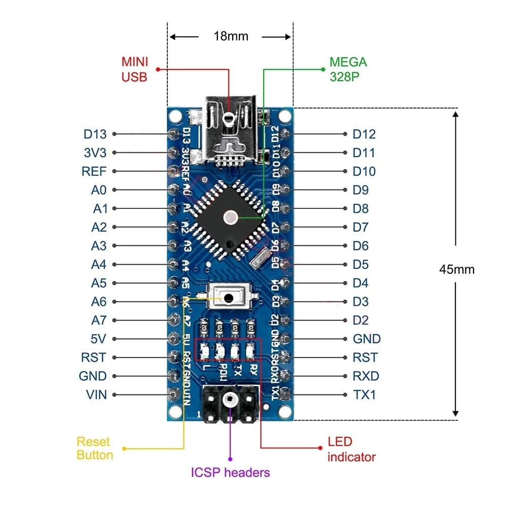 Arduino Nano V3.0 Compatible Pinout Unsoldered