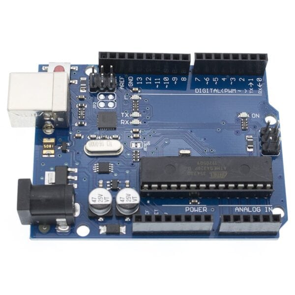 Arduino-Compatible Development Board for Electronics Projects Blue Arduino-compatible microcontroller board with USB, GPIO, and power ports.