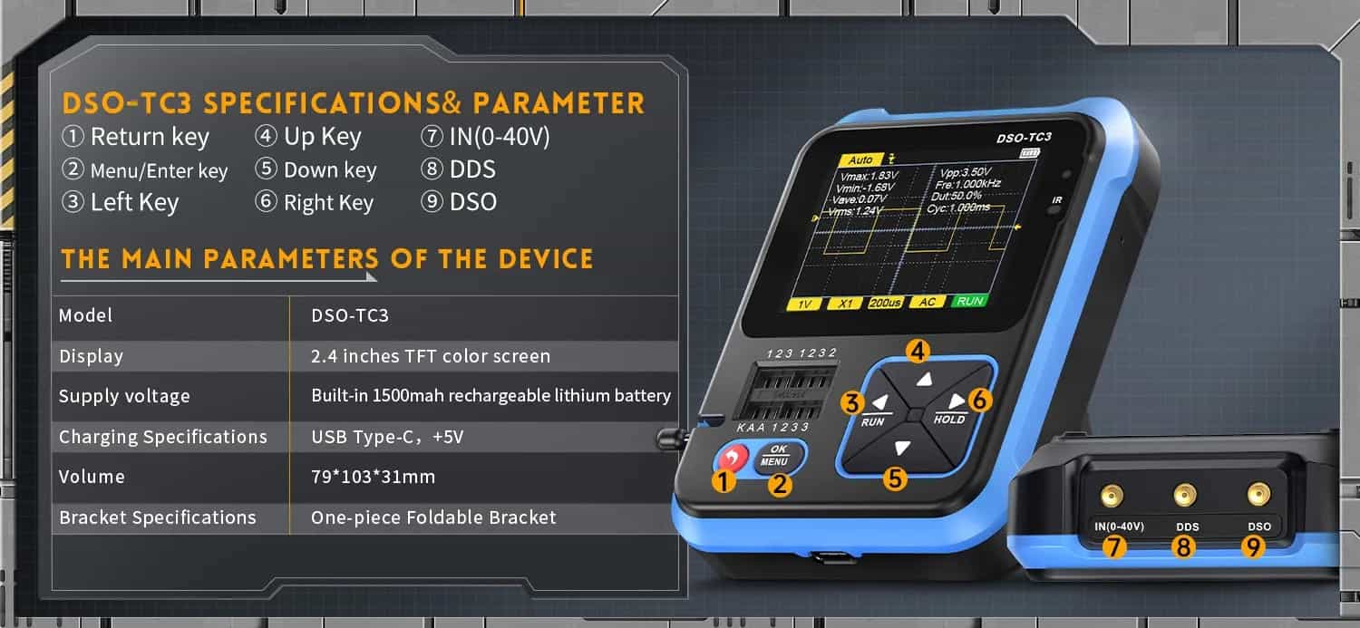 FNIRSI DSO-TC3 3-in-1 Digital Oscilloscope Multimeter 500kHz - Kunkune