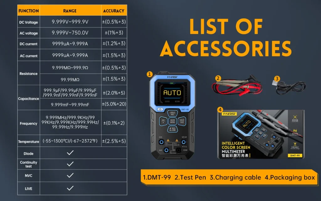 FNIRSI DMT 99 Digital Multimeter 9999 Counts Smart Professional Tester list of accesories