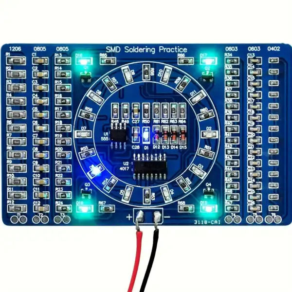 Soldering practice kit for SMD/SMT beginner training with LED indicators and component layout.