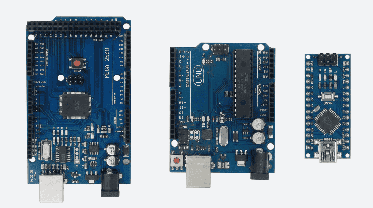 Arduino Uno, Nano, and Mega compatible boards compared side by side on a white background