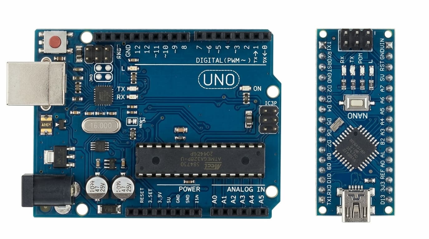 Arduino Uno compatible board and Arduino Nano compatible board side by side — size comparison showing the Nano is roughly one third the size of the Un