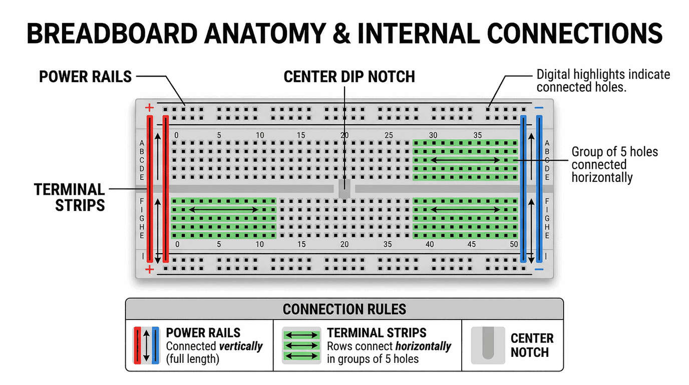 Breadboard anatomy diagram showing power rails connected vertically, terminal strip rows connected horizontally in groups of 5, and the centre DIP notch