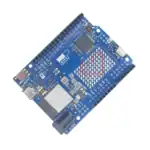 Arduino Uno microcontroller board for electronics projects and prototyping.
