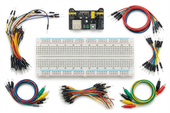 Solderless breadboards and dupont jumper wires for prototyping