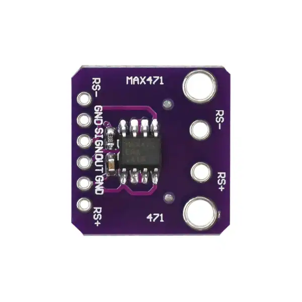Microcontroller MAX471 on purple circuit board for electronics and DIY projects.