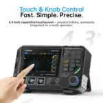 High-resolution touchscreen oscilloscope with multimeter and signal generator features.