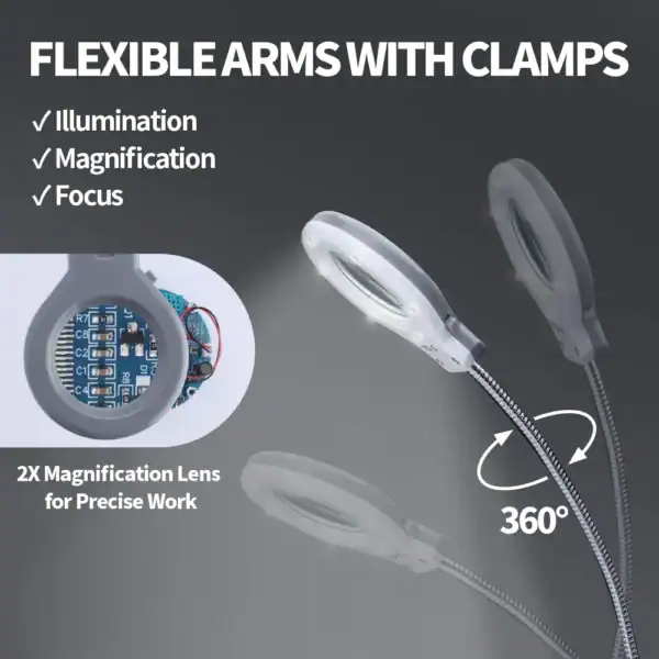 LED magnifier with flexible arms and clamps for detailed inspection and repair tasks.