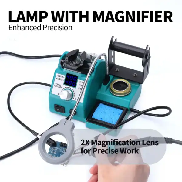 Soldering station featuring a built-in magnifier and 2X lens for detailed electronic work. Ideal for.