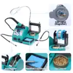 Soldering station with magnifier, LED lamp, and various tools for electronics repair and assembly.