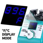 Digital thermometer with large LED display showing temperature in Fahrenheit and Celsius.