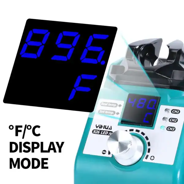 Digital thermometer with large LED display showing temperature in Fahrenheit and Celsius.