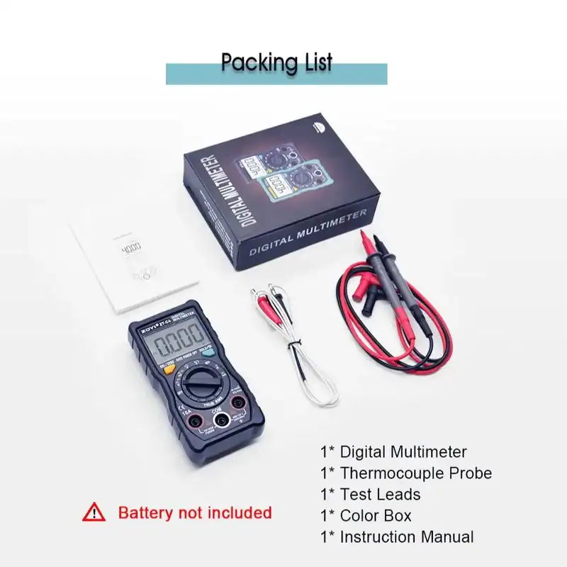 Complete digital multimeter kit with probes, test leads, and instruction manual.